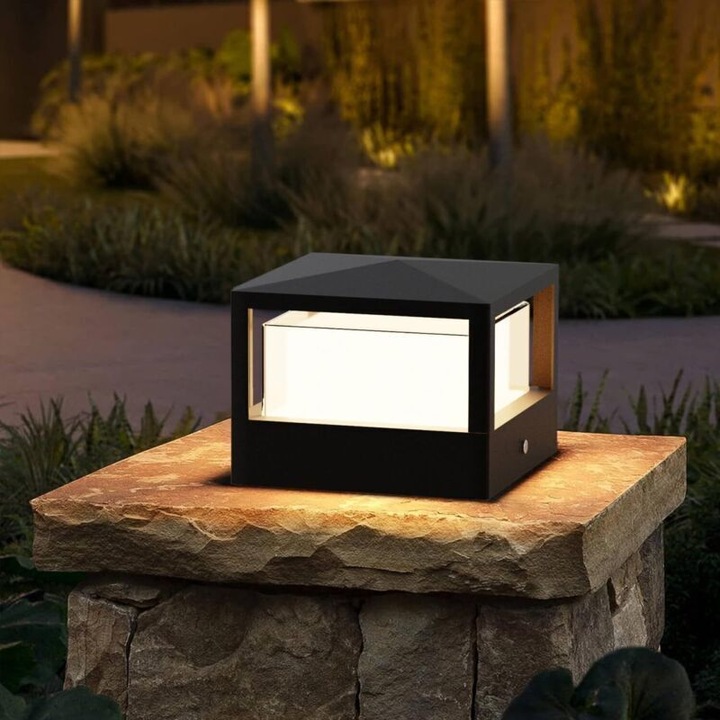 Lampa de gradina LED 15W, IP65, aluminiu negru, lumina calda 3000K, 15.5x15.5x15cm