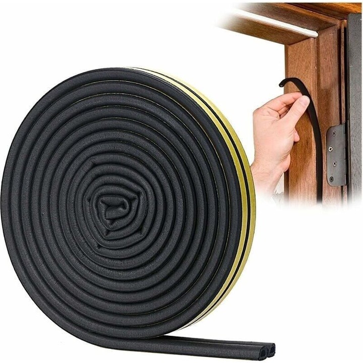Banda de etansare D-Profile, autocolant, din EPDM, pentru usi si ferestre, izolare fonica si protectie la intemperii, negru, 6 m (2 x 3 m)