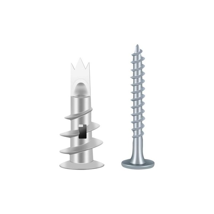 Set 100 ancore metalice zinc si suruburi pentru gips-carton, rezistenta 20 kg, multicolor