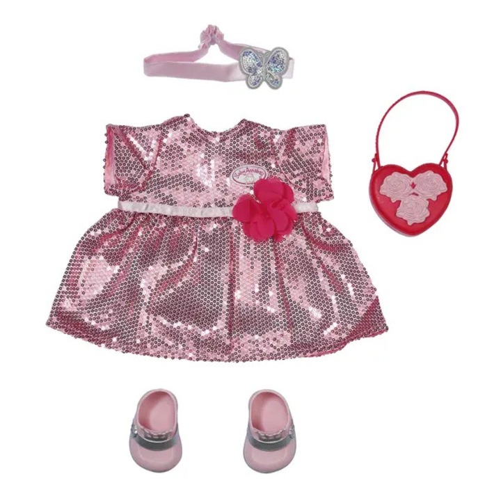 Set papusa 43cm rochie glitter, pantofi argintii, geanta si bentita roz