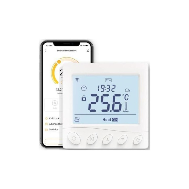 Termostat inteligent WiFi pentru centrala gaz, control vocal, alb, 3A