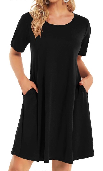 Rochie casual plaja dama, lejera, maneca scurta, buzunare, negru, S