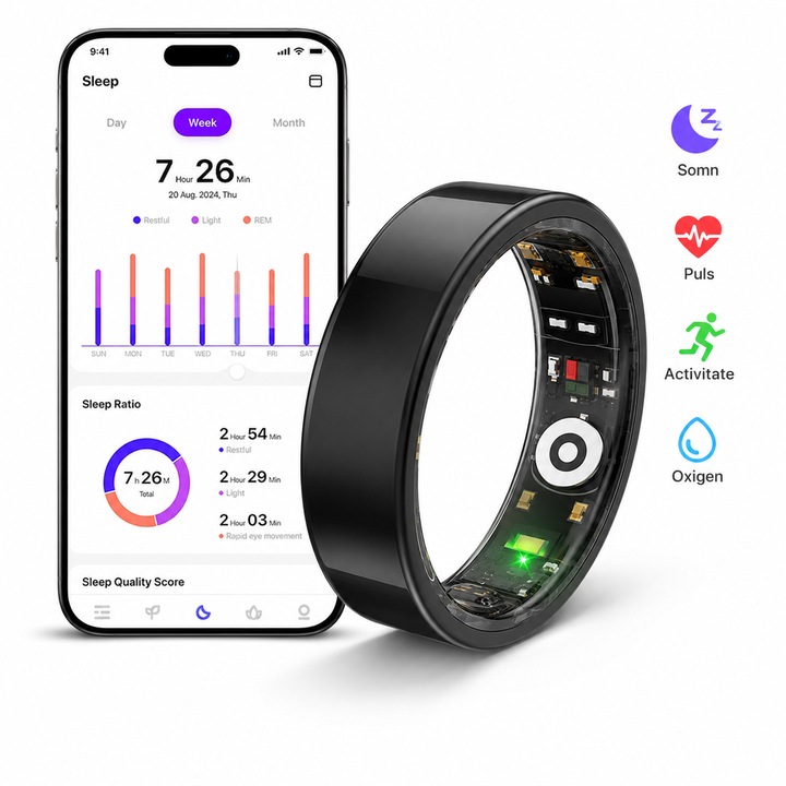Okosgyűrű Smart Ring, Pulzusfigyelés, Vérnyomás, Alvás, Lépések, Vér oxigénszint, 128 Sporttevékenység, Kalória, Stressz szint, Kompatibilis iPhone és Android készülékekkel, Vízálló, Mágneses töltő, Fekete, 6-os méret