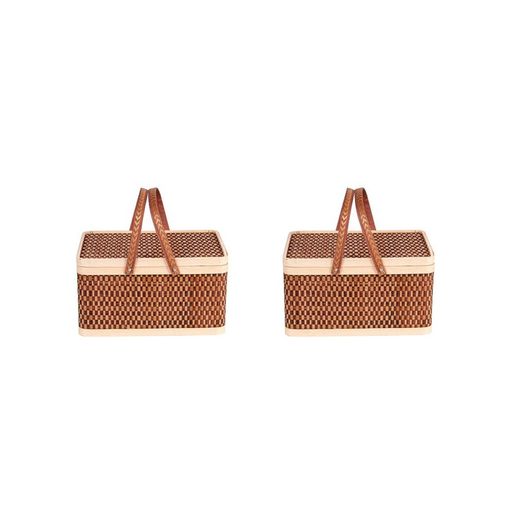 2 db bambusz piknik kosár szett, fedéllel, sötétbarna, 30x20x16cm