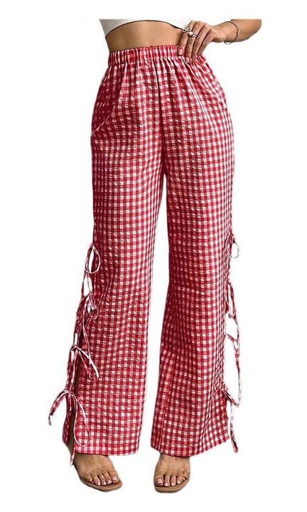 Pantaloni dama carouri Gingham croiala larga rosu, XL INTL