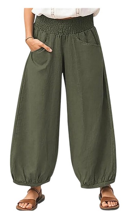 Pantaloni dama din bumbac, talie inalta, verde olive, XL INTL