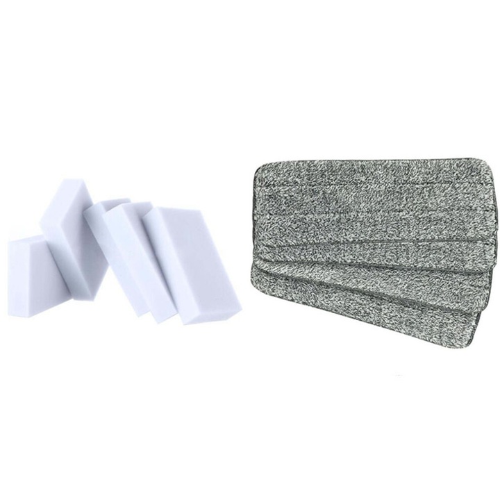 Set bureti melamina 100 buc si lavete microfibra 10 buc alb-gri 33x12cm 10x6x2cm