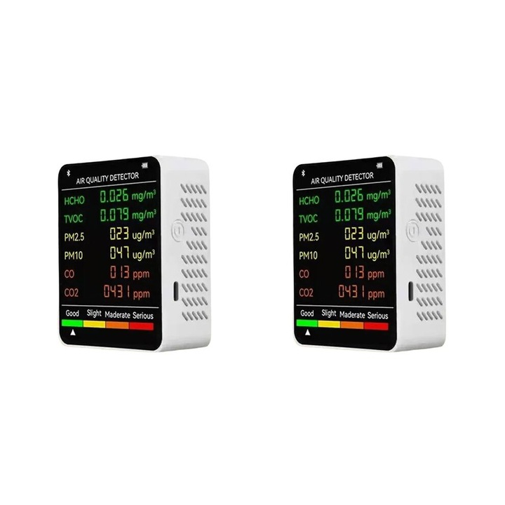 Комплект от 2 многофункционални детектора за качество на въздуха 6 в 1, LCD дисплей, бял, преносим