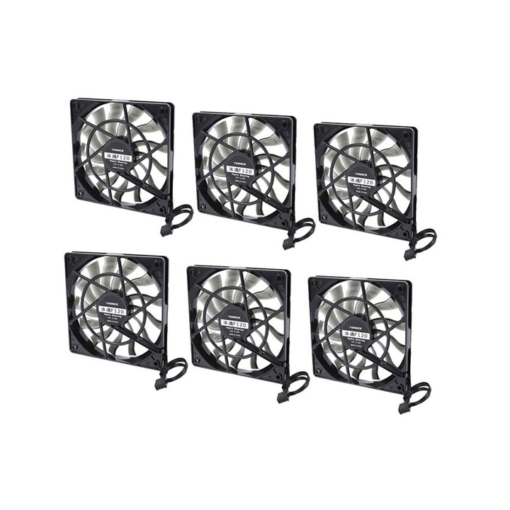 6 db PC ventilátor készlet, 120x120x12mm, 12V, fekete, 1400RPM, csendes