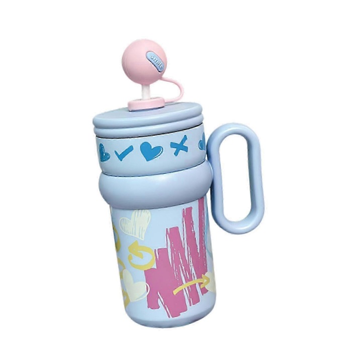 Pahar izolat inox cu pai si maner, compact, albastru graffiti, 540 ml, 13.5x17 cm