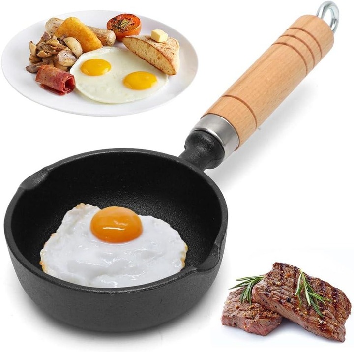 Mini öntöttvas serpenyő 11cm, fa fogantyúk, fekete, sokoldalú főzéshez
