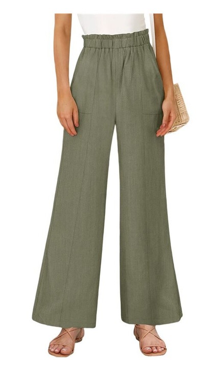 Pantaloni dama, largi palazzo, talie inalta, verde militar, bumbac in, M INTL