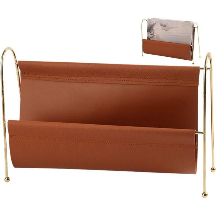 Suport reviste impletit multifunctional, suport carti, metal, manere, maro, 40x30x25cm