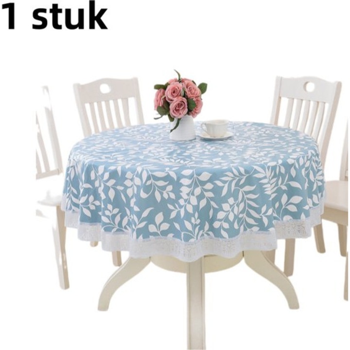 Kerek asztalterítő 220cm, vízálló, kék, csipke, flanel bélés