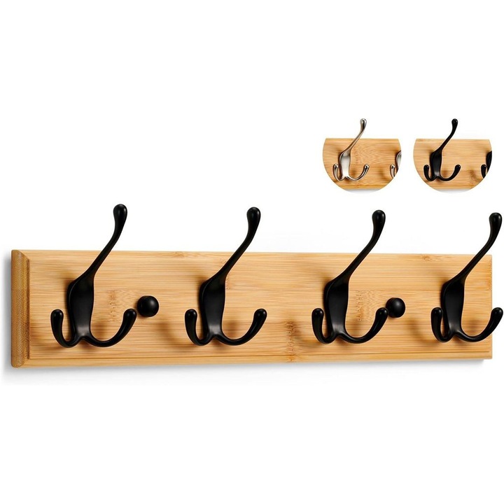 Fali fogas, 4 tripla kampó, bambusz, fekete, 42cm