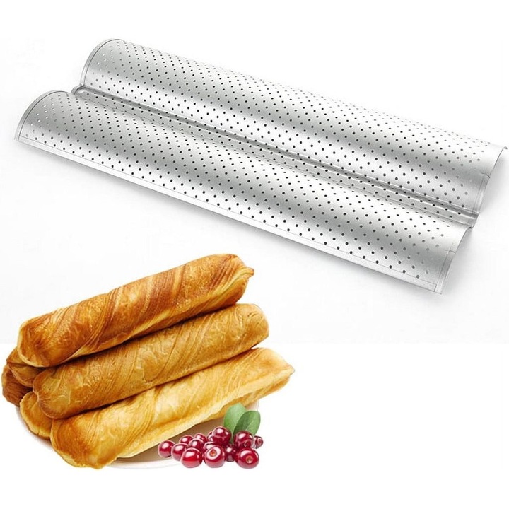 Sütőforma bagetthez, 2 rekeszes, szénacél, tapadásmentes, perforált, 40x15cm
