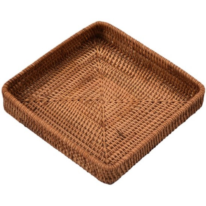 Cos patrat din rachita naturala 21x21x3.7cm maro pentru servire si depozitare