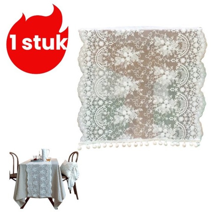 Vintage hímzett csipke asztali futó, fehér, 40x100cm