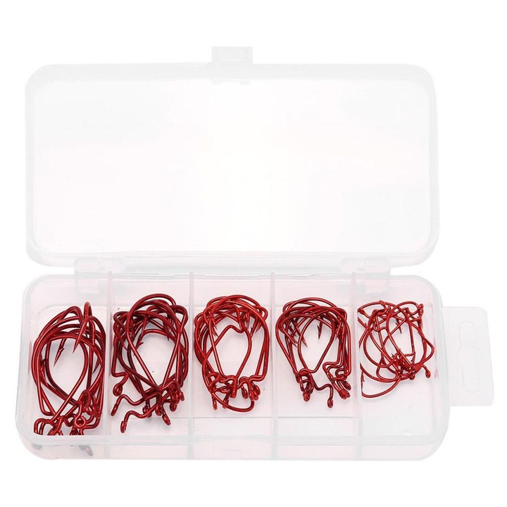 Set 51 carlige pescuit carbon rosu diverse marimi