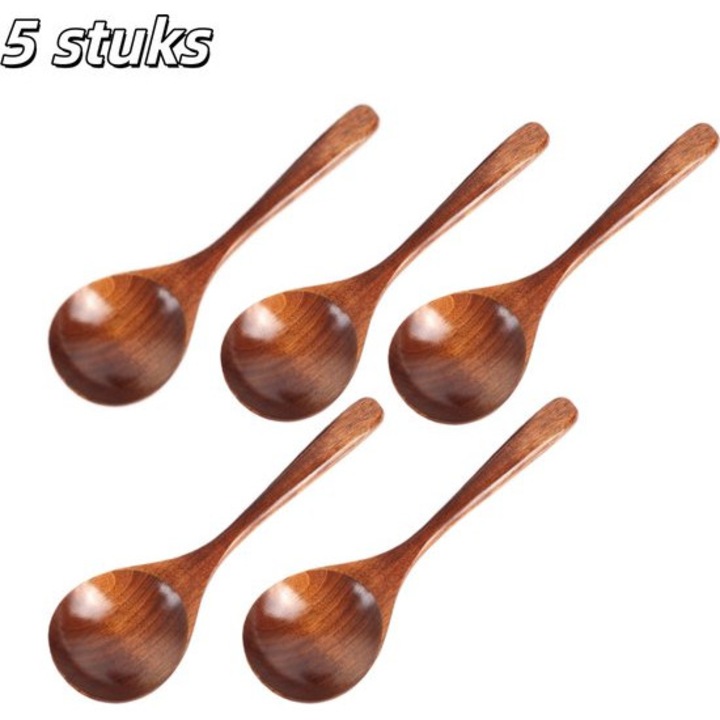 Set 5 linguri din lemn, 20x6cm, maro, pentru oale antiaderente si servire orez si supa