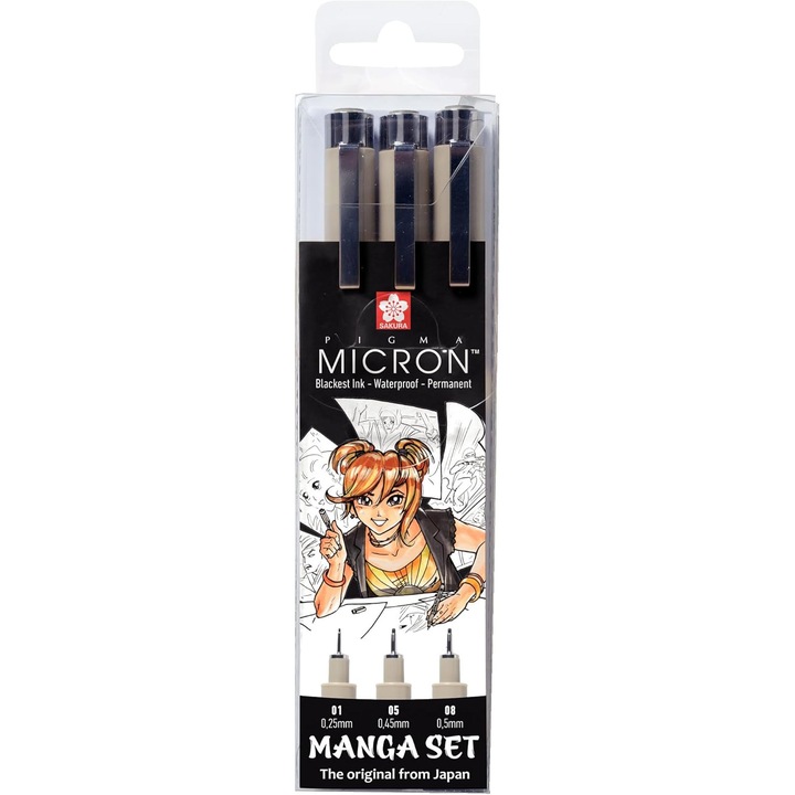 Set 3 Pixuri Sakura Pigma Micron Negru pentru Manga si Arta