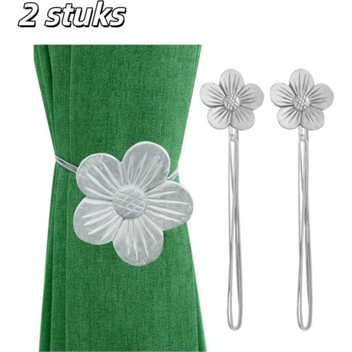 Set 2 cleme magnetice pentru perdele, flori vintage, rasina, argintiu