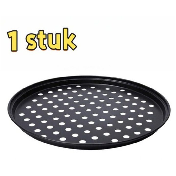 Perforált pizzatálca 32cm fekete, szénacél, tapadásmentes, magas hőmérsékletnek ellenálló