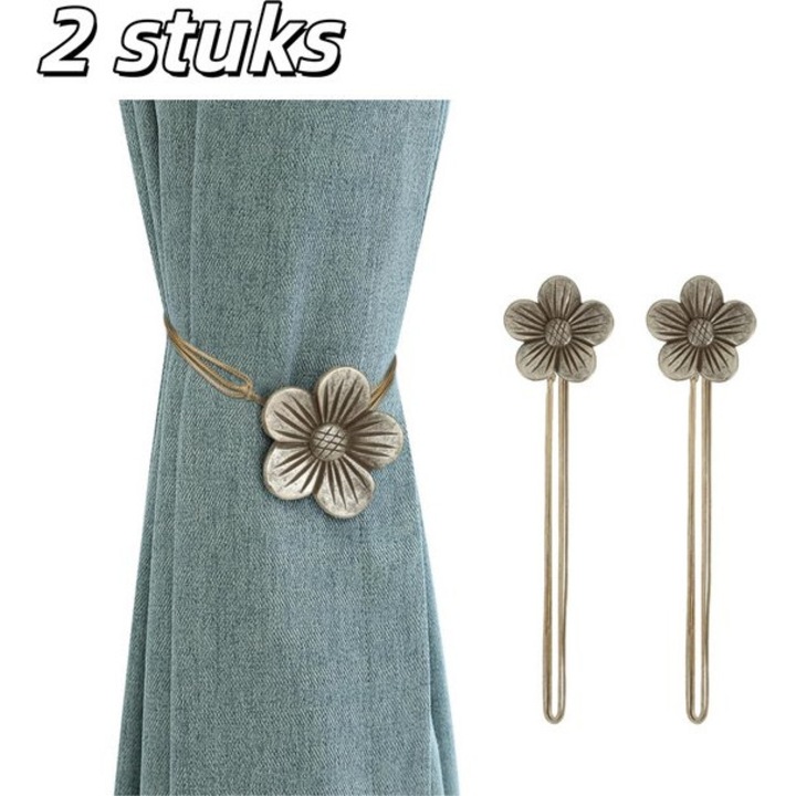 Set 2 cleme magnetice pentru perdele, flori vintage, rasina, maro