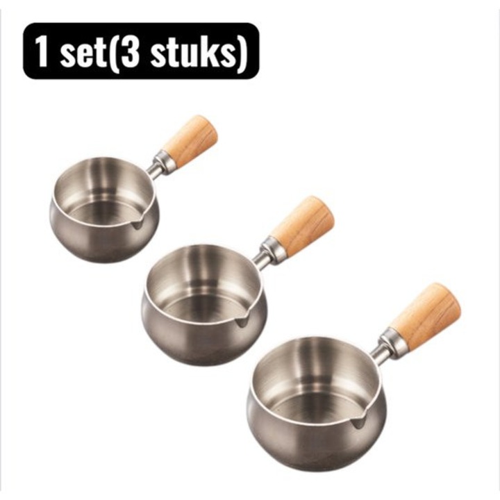 3 db rozsdamentes acél szószos tál készlet fa nyéllel, ezüst, 3 méret