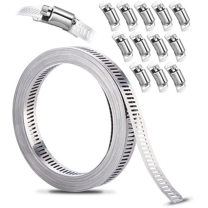 Set cleme furtun ajustabile, otel inoxidabil 304, banda metalica 3.5m, 12 accesorii