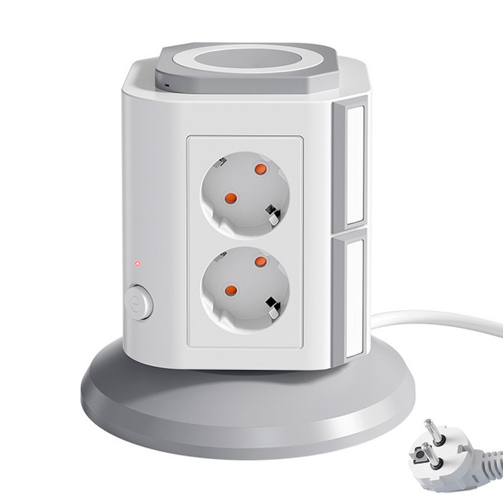 Разклонител Кула с 6 контакта, Zeguer, 4 USB и 2 Type-C, Кабел 1.8 метра, 2 отделни превключвателя