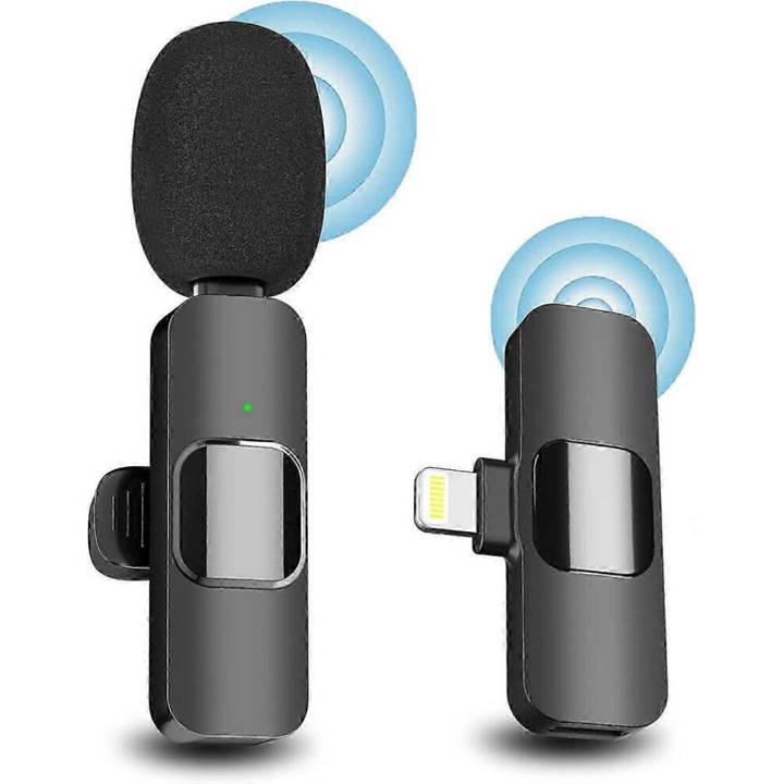 Mini vezeték nélküli csíptetős mikrofon iPhone iPad-hez, fekete, 65mAh, 20m hatótávolság