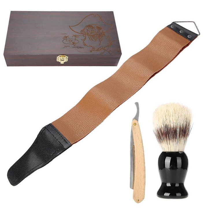 Set rasare manual, perie barba, piele ascutit, cutie lemn, 165x249mm