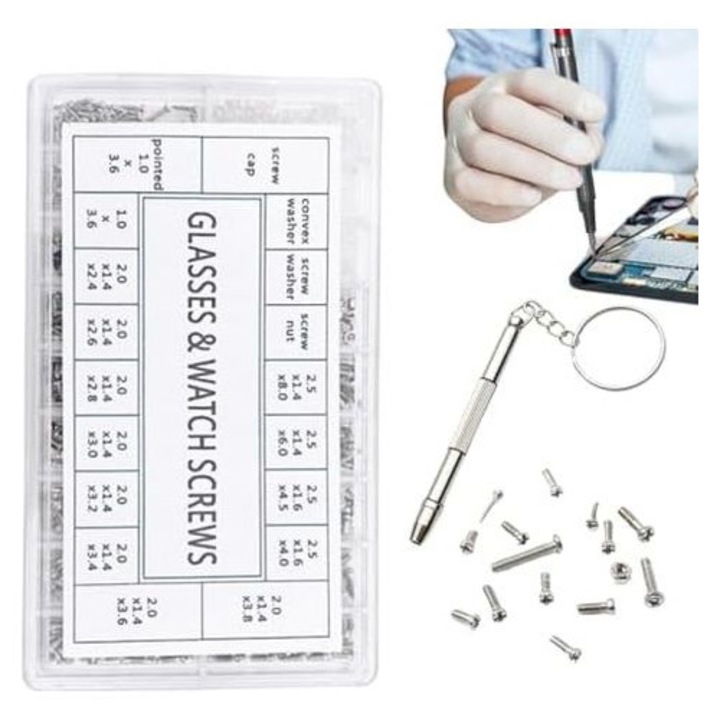 Kit reparare ochelari, 1000 suruburi si piulite, inox, 10.8x6.5x1.3cm
