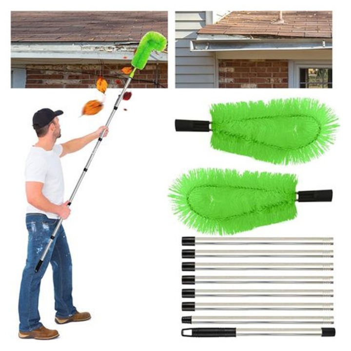 Unealta telescopica pentru curatare jgheaburi, 310cm, otel inoxidabil, verde, set 8 tije si 2 perii