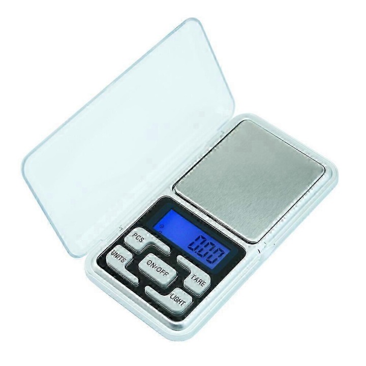 Cantar electronic bijuterii precizie 0,01 g, LCD, argintiu, 12x6,5x2 cm