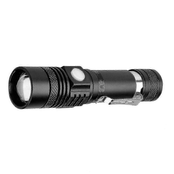 Fekete fém kempinglámpa 12,5x2,8x2,9cm zoommal és USB töltéssel