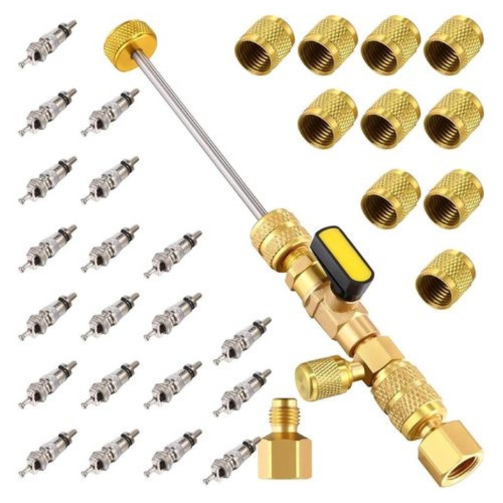 HVAC szelepbetét eltávolító szerszám, sárgaréz adapter, 20 szelepbetét, 10 anya készlet, többszínű