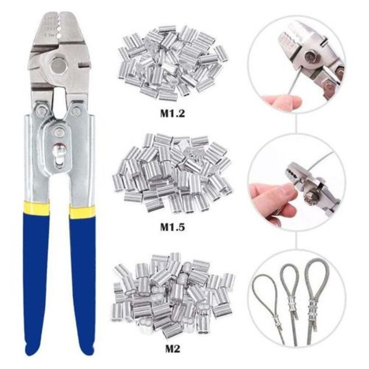 Fém kábel krimpelő fogó 2.2mm készlet 150 alumínium hüvely 26cm