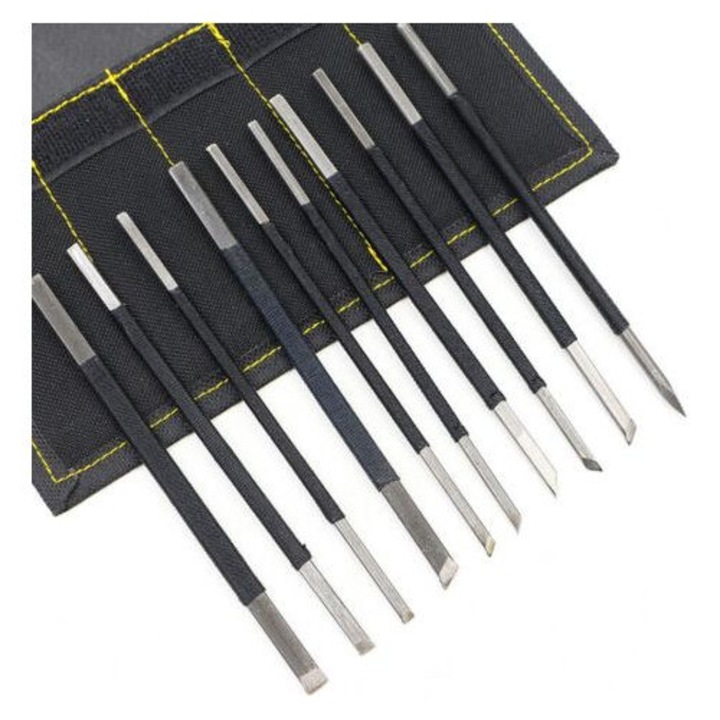 Set 10 unelte sculptura piatra, otel carbon, diverse lame, husa, negru