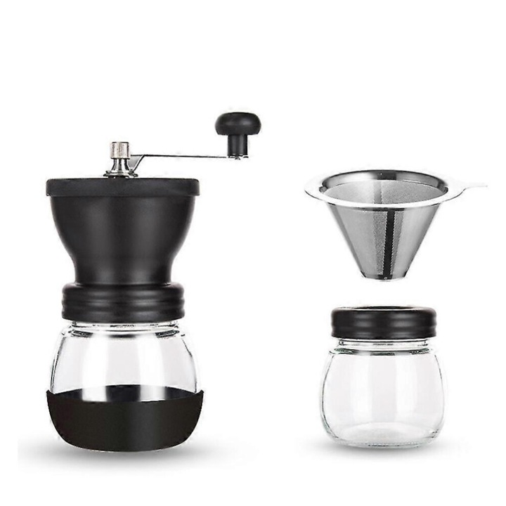 Rasnita cafea manuala, negru, sticla-plastic, 21x9cm, set 3 piese