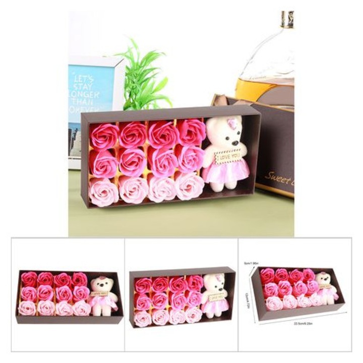 Set cadou aranjament floral cu trandafiri conservati si ursulet de plus, multicolor, 23.5x12x5cm