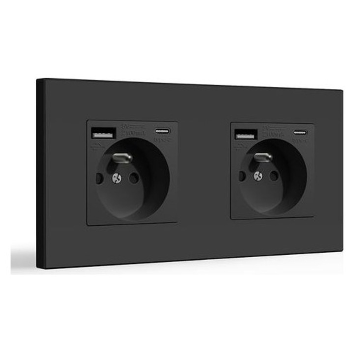 Kétállású fali aljzat USB és Type-C csatlakozóval, fekete, 16A 250V, 2.1A