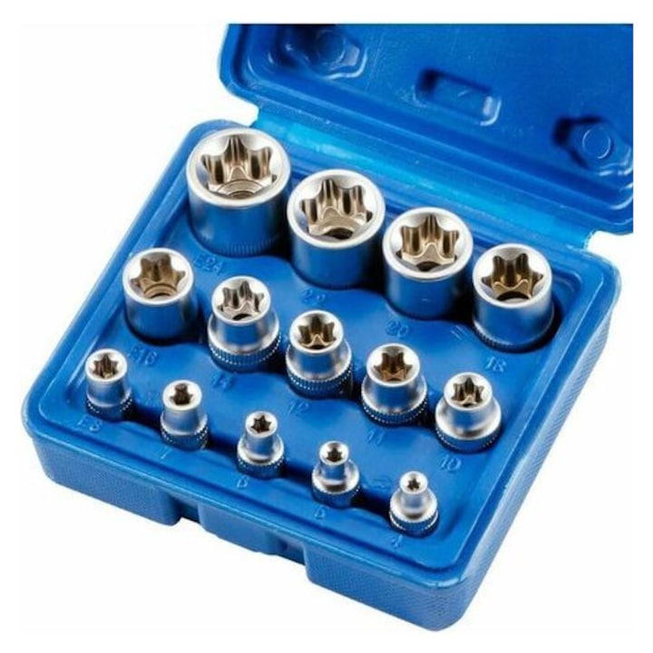 Комплект от 14 части E Torx вложки, хром-ванадий, 1/4-1/2 инча, черен