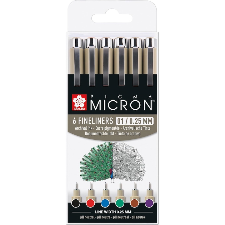 Set 6 Culori Sakura Pigma Micron 01 Fineliner, 0.25 mm, Cerneala Permanenta