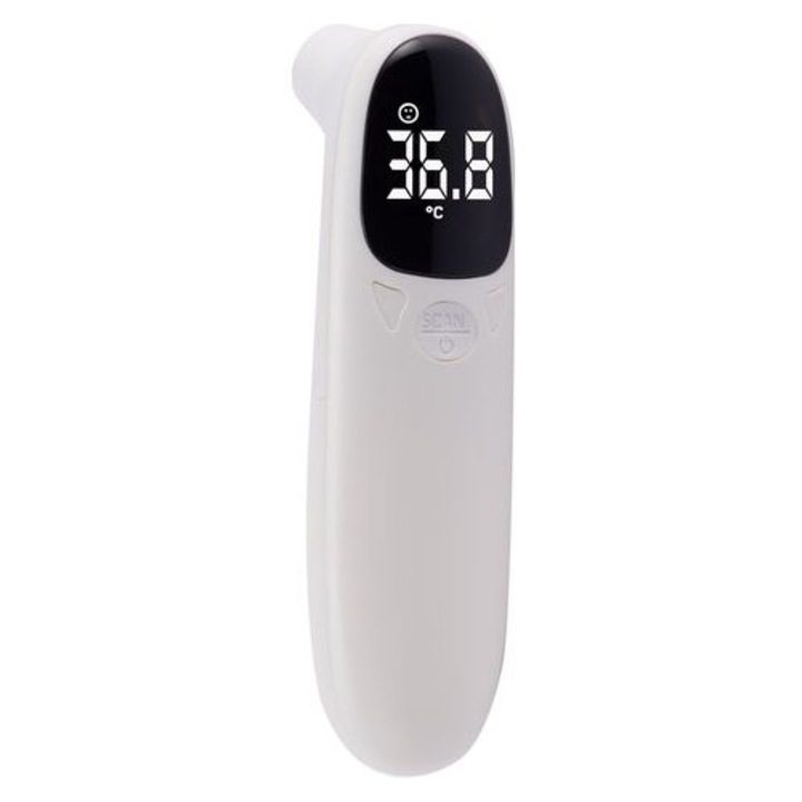 MIGJJ-081106359 infravörös homlok- és fülhőmérő, érintésmentes, folyadékmérés üvegen/műanyagon keresztül, megvilágított LCD kijelző, ±0,2°C pontosság, fehér/fekete