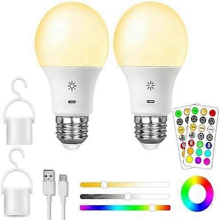 LED újratölthető izzó, RGB, 8W, E27, távirányító, dimmelhető, többszínű, 270°