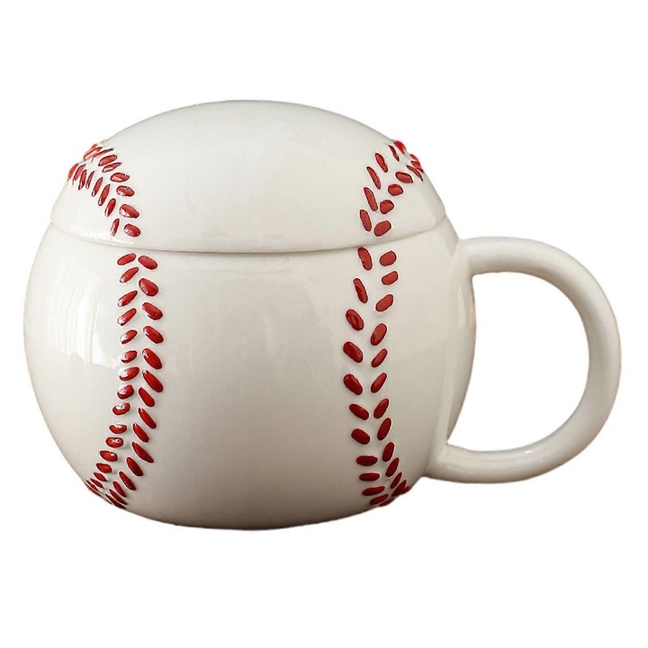 Sport kerámia bögre tetővel, futball-baseball mintás, fekete-fehér-piros, 14.3x10.8x10cm