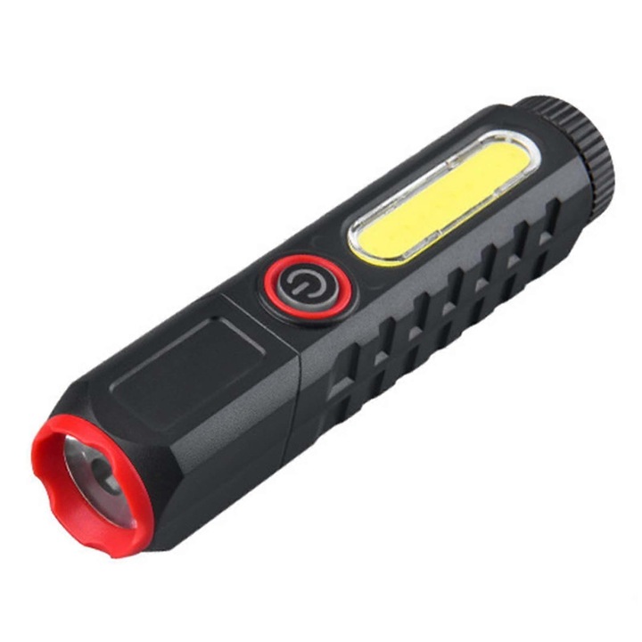 LED lámpa, vízálló, újratölthető, fekete-piros, 13.2x3.5x3.5cm
