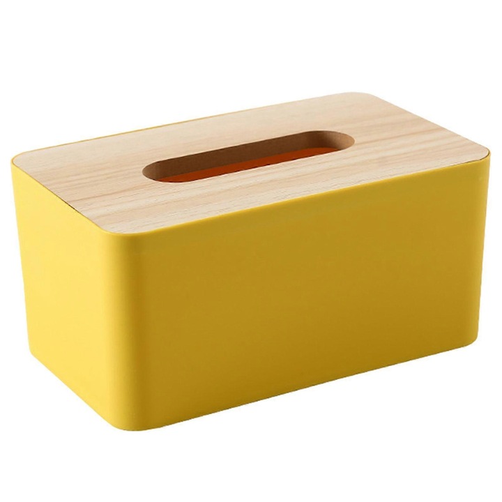 Кутия за салфетки, дърво и пластмаса, скандинавски стил, жълт, 20.5x12x10см